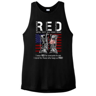 On Friday We Wear Red Remember Everyone Deployed Ladies PosiCharge Tri-Blend Wicking Tank