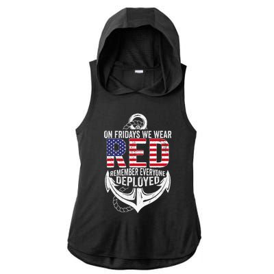 On Fridays We Wear Red Friday Navy Gift Distressed Ladies PosiCharge Tri-Blend Wicking Draft Hoodie Tank