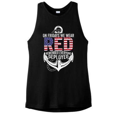 On Fridays We Wear Red Friday Navy Gift Distressed Ladies PosiCharge Tri-Blend Wicking Tank