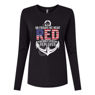 On Fridays We Wear Red Friday Navy Gift Distressed Womens Cotton Relaxed Long Sleeve T-Shirt