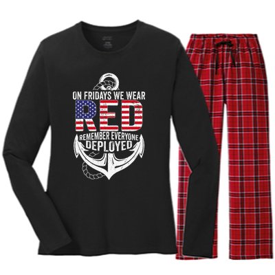 On Fridays We Wear Red Friday Navy Gift Distressed Women's Long Sleeve Flannel Pajama Set 