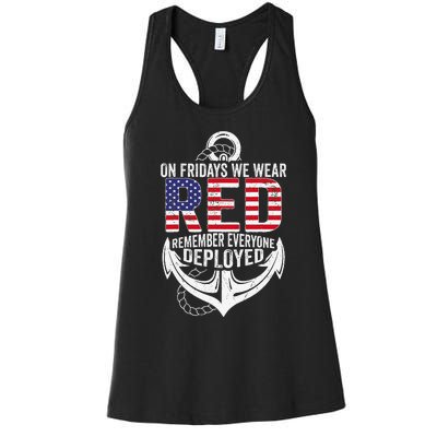 On Fridays We Wear Red Friday Navy Gift Distressed Women's Racerback Tank