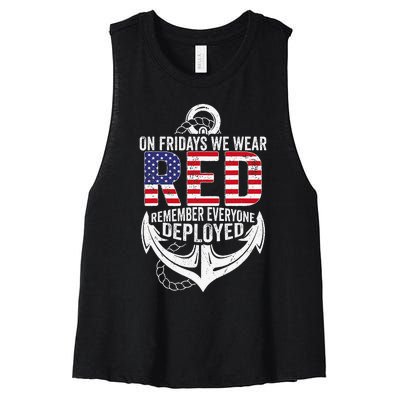 On Fridays We Wear Red Friday Navy Gift Distressed Women's Racerback Cropped Tank