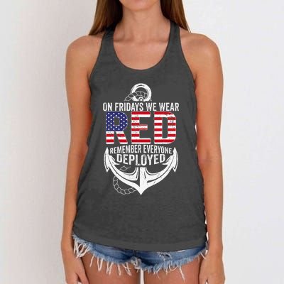 On Fridays We Wear Red Friday Navy Gift Distressed Women's Knotted Racerback Tank