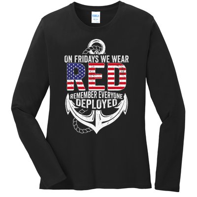 On Fridays We Wear Red Friday Navy Gift Distressed Ladies Long Sleeve Shirt