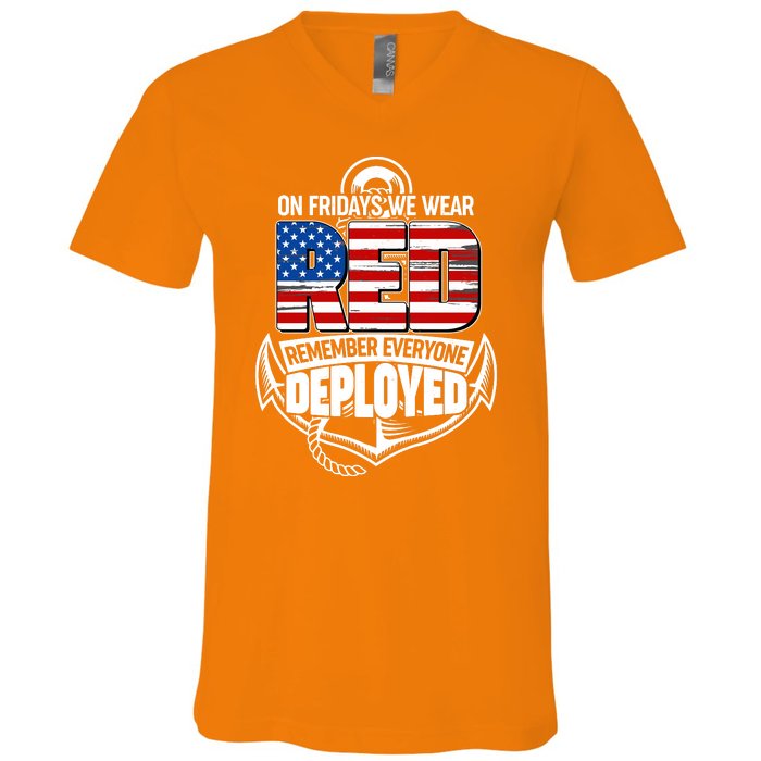 On Fridays We Wear RED Remember Everyone Deployed V-Neck T-Shirt