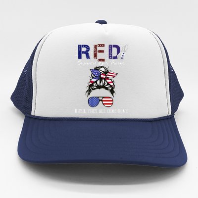 On Friday We Wear Red Military Support Troops Red Us Flag Trucker Hat