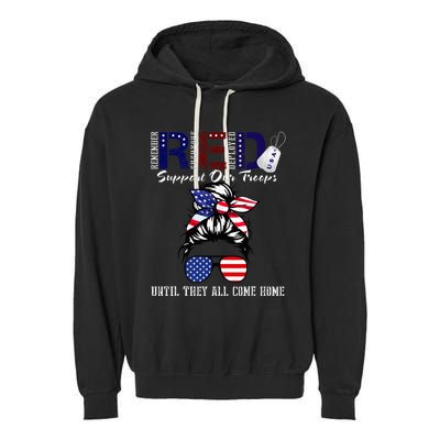 On Friday We Wear Red Military Support Troops Red US Flag Garment-Dyed Fleece Hoodie