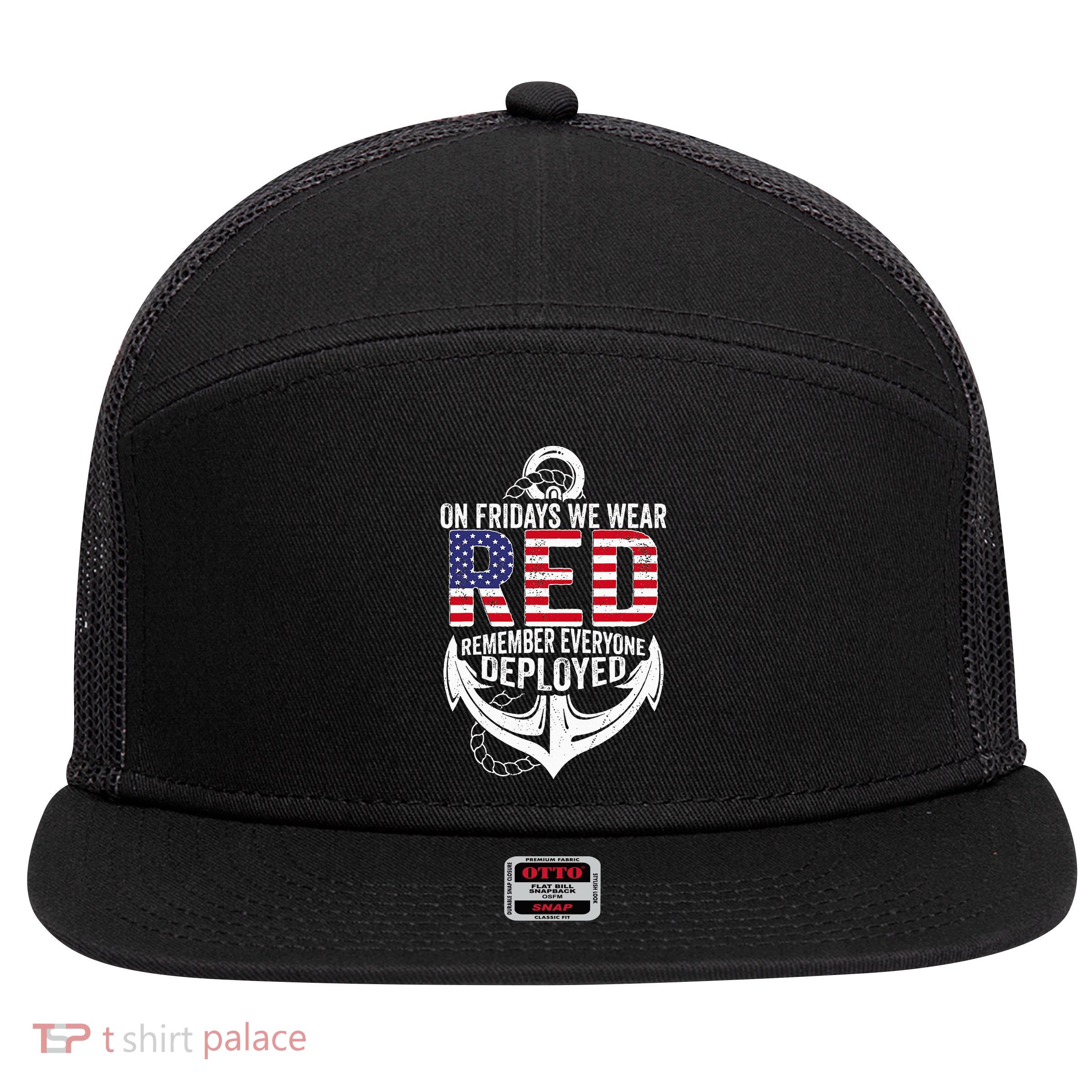 On Fridays We Wear Red Friday Navy Gift Distressed 7 Panel Mesh Trucker Snapback Hat