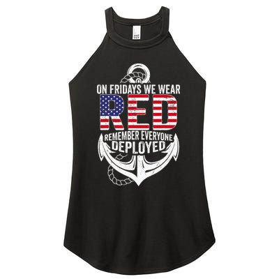 On Fridays We Wear Red Friday Navy Gift Distressed Women's Perfect Tri Rocker Tank