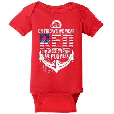 On Fridays We Wear Red Friday Navy Gift Distressed Baby Bodysuit