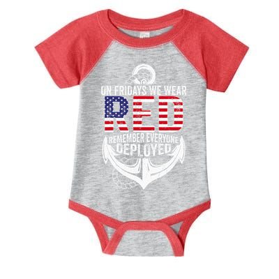 On Fridays We Wear Red Friday Navy Gift Distressed Infant Baby Jersey Bodysuit