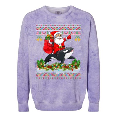 Orca Fish Xmas Pajama Ugly Santa Riding Orca Christmas Gift Colorblast Crewneck Sweatshirt