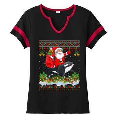 Orca Fish Xmas Pajama Ugly Santa Riding Orca Christmas Gift Ladies Halftime Notch Neck Tee