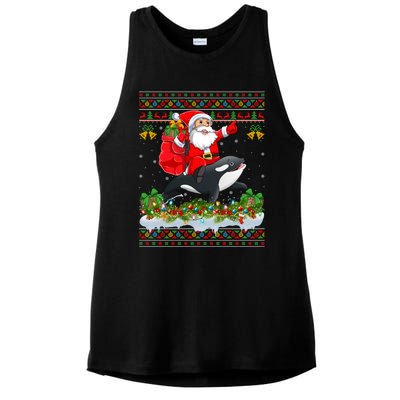 Orca Fish Xmas Pajama Ugly Santa Riding Orca Christmas Gift Ladies PosiCharge Tri-Blend Wicking Tank