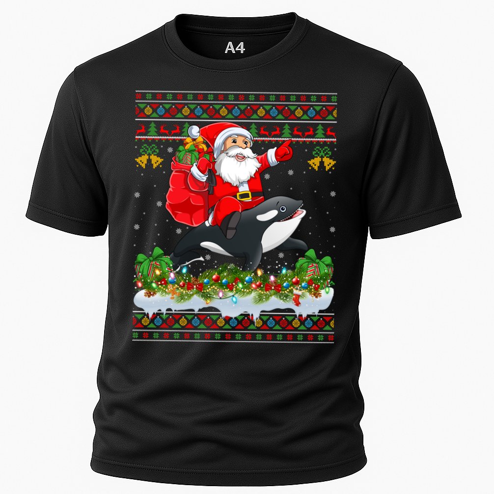 Orca Fish Xmas Pajama Ugly Santa Riding Orca Christmas Gift Cooling Performance Crew T-Shirt