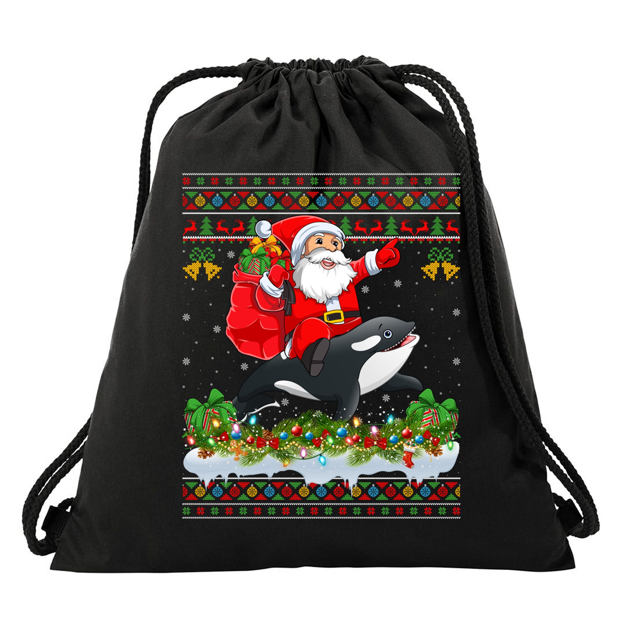 Orca Fish Xmas Pajama Ugly Santa Riding Orca Christmas Gift Drawstring Bag