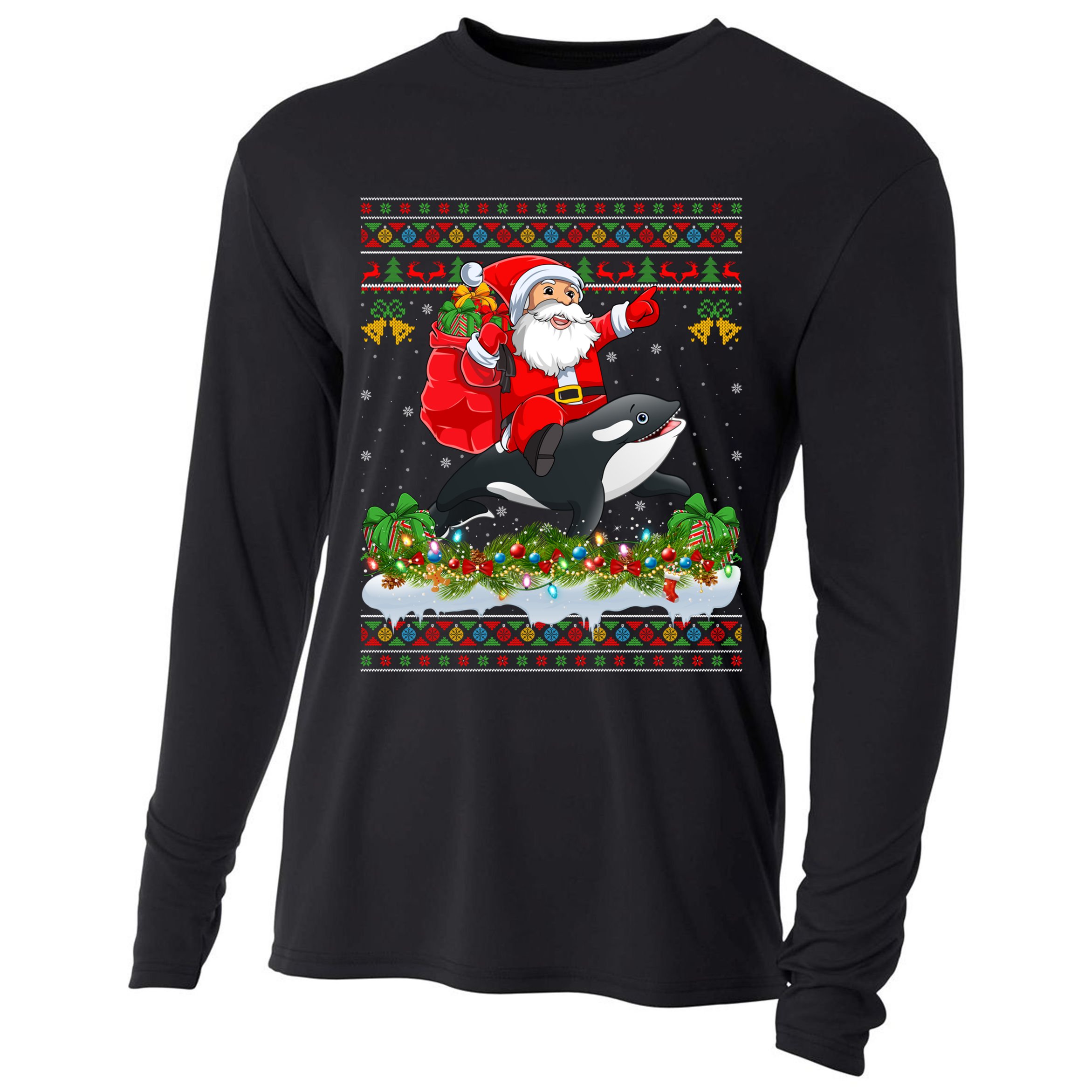 Orca Fish Xmas Pajama Ugly Santa Riding Orca Christmas Gift Cooling Performance Long Sleeve Crew