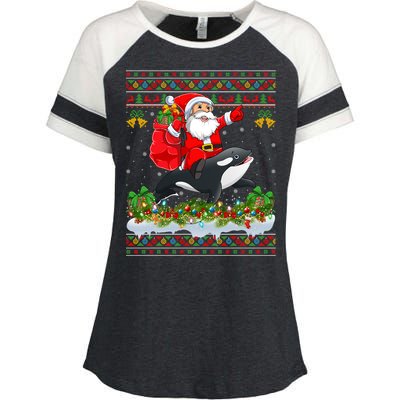 Orca Fish Xmas Pajama Ugly Santa Riding Orca Christmas Gift Enza Ladies Jersey Colorblock Tee