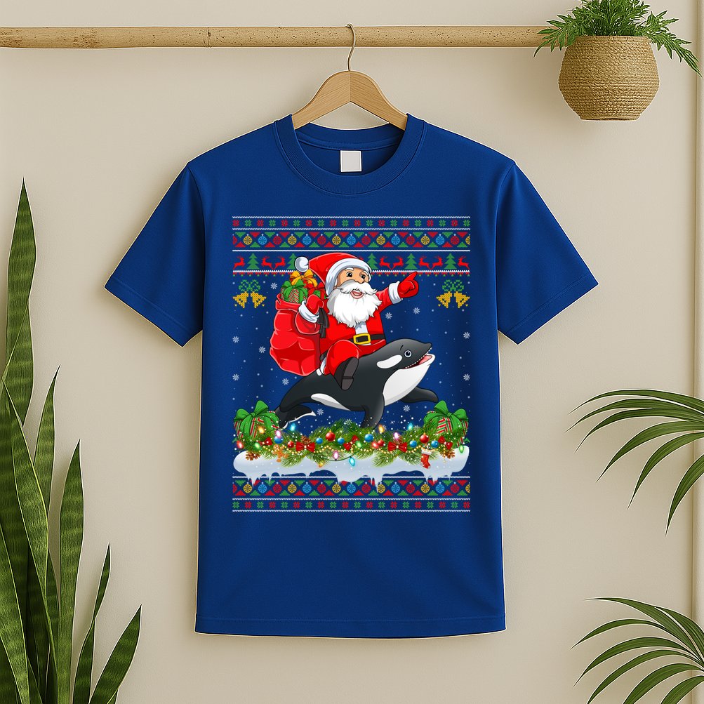 Orca Fish Xmas Pajama Ugly Santa Riding Orca Christmas Gift T-Shirt