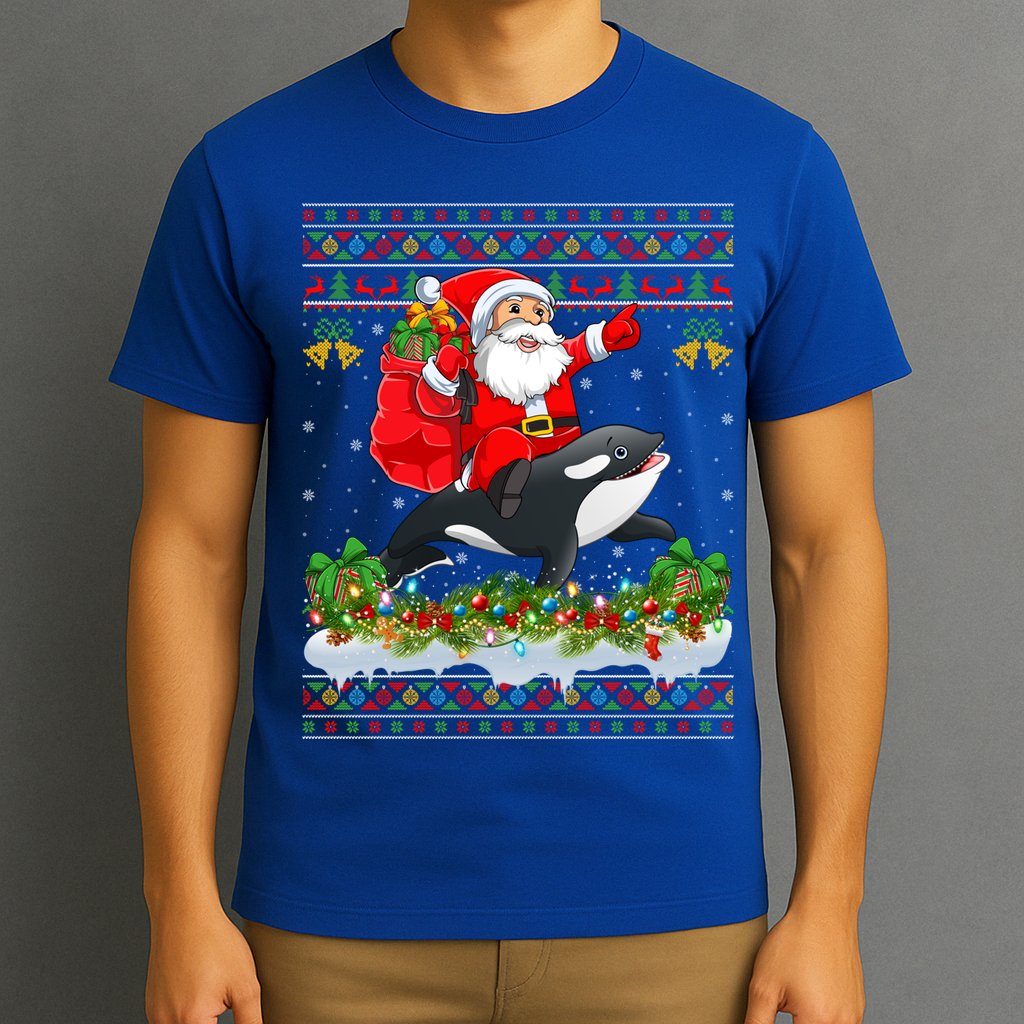Orca Fish Xmas Pajama Ugly Santa Riding Orca Christmas Gift T-Shirt