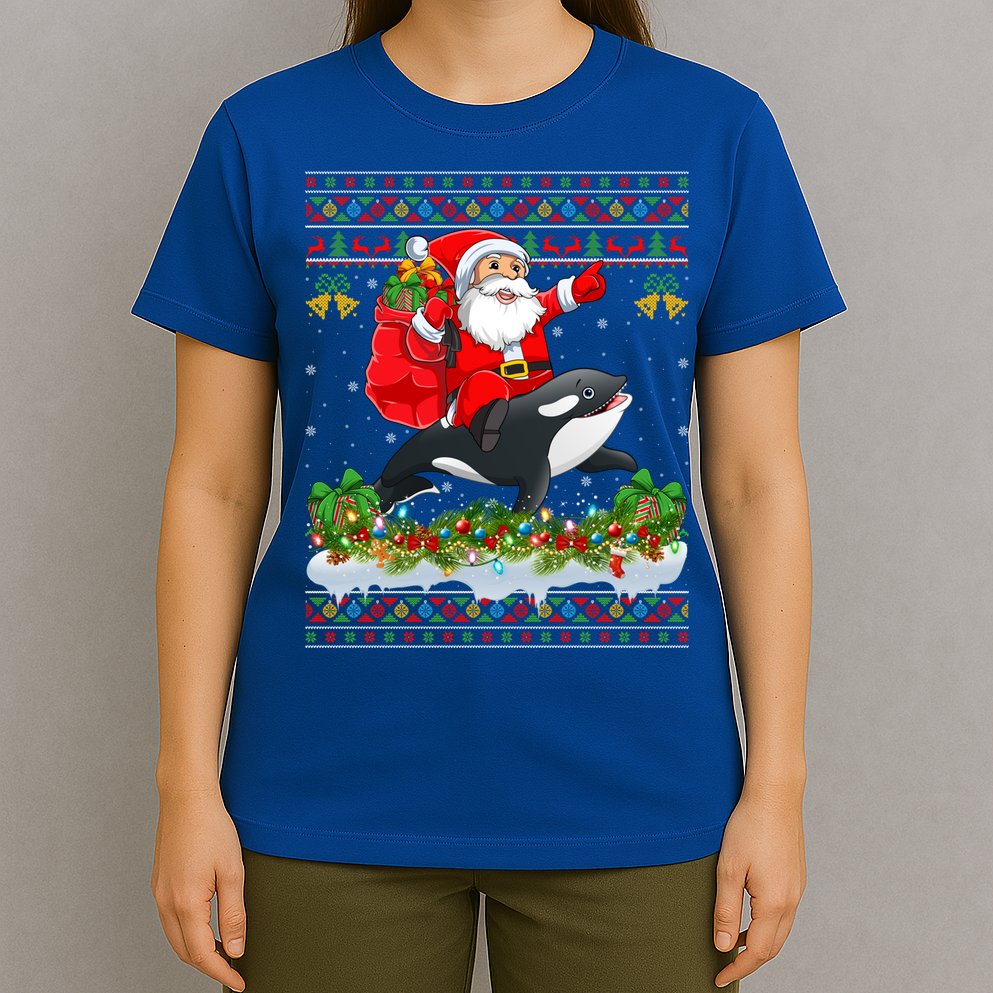 Orca Fish Xmas Pajama Ugly Santa Riding Orca Christmas Gift T-Shirt