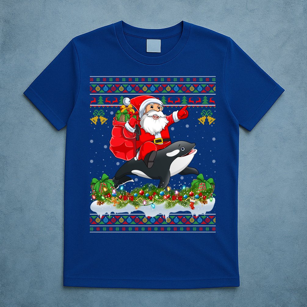 Orca Fish Xmas Pajama Ugly Santa Riding Orca Christmas Gift T-Shirt