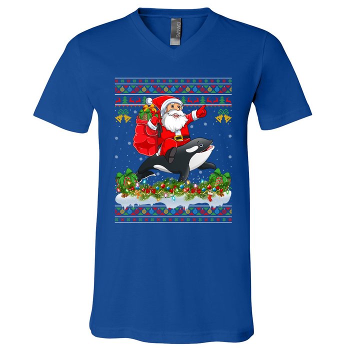 Orca Fish Xmas Pajama Ugly Santa Riding Orca Christmas Gift V-Neck T-Shirt