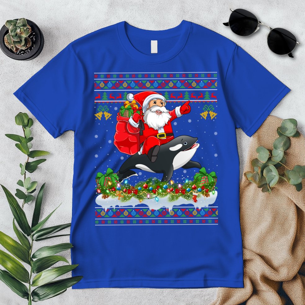 Orca Fish Xmas Pajama Ugly Santa Riding Orca Christmas Gift Premium T-Shirt