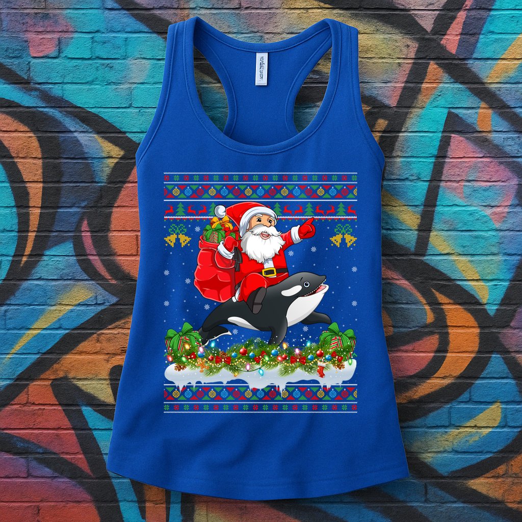 Orca Fish Xmas Pajama Ugly Santa Riding Orca Christmas Gift Womens Tank Top