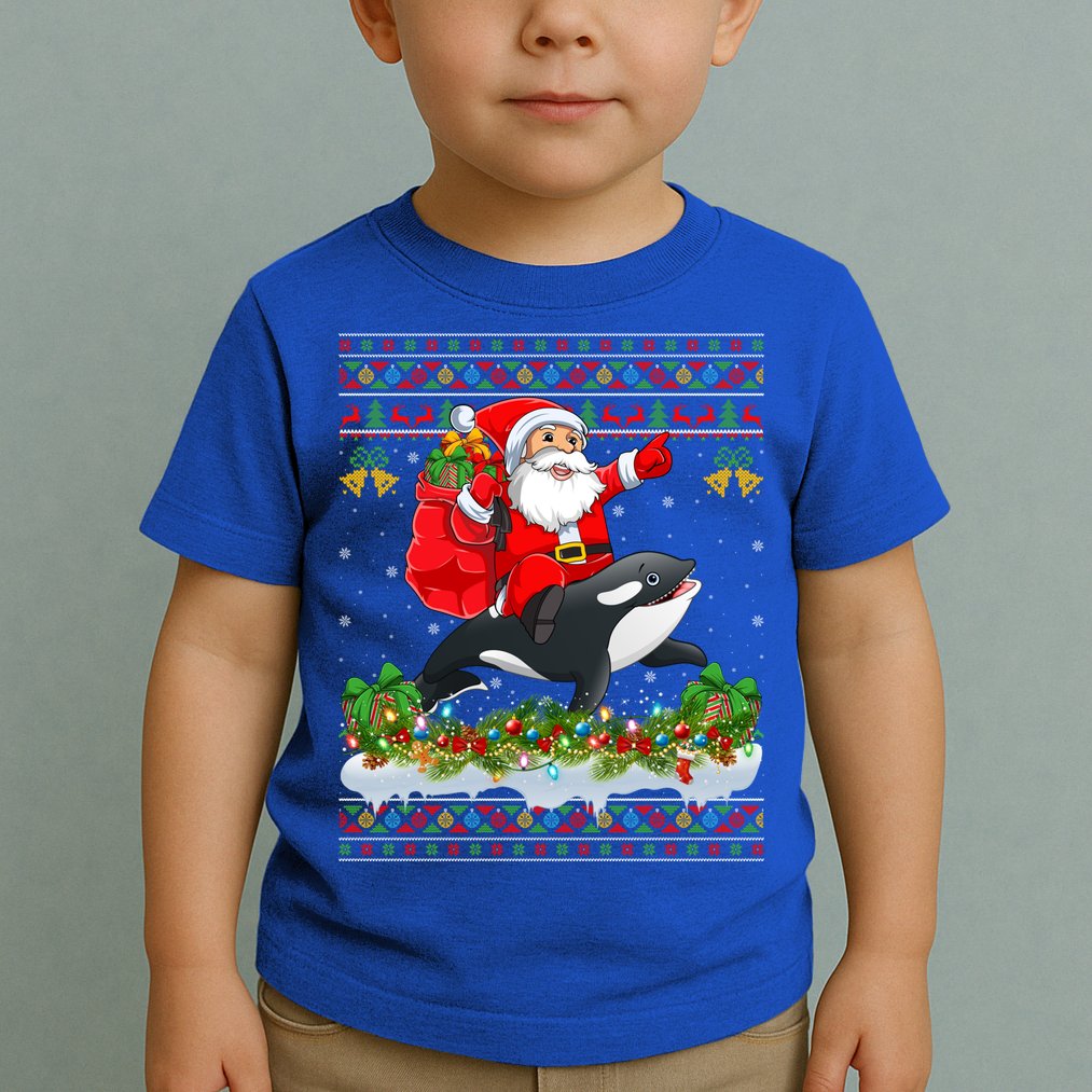 Orca Fish Xmas Pajama Ugly Santa Riding Orca Christmas Gift Toddler T-Shirt