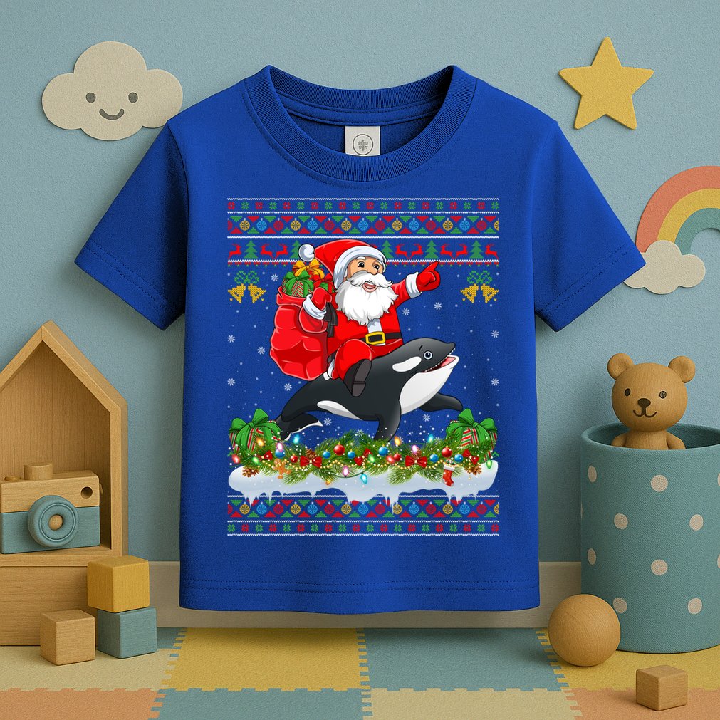 Orca Fish Xmas Pajama Ugly Santa Riding Orca Christmas Gift Toddler T-Shirt