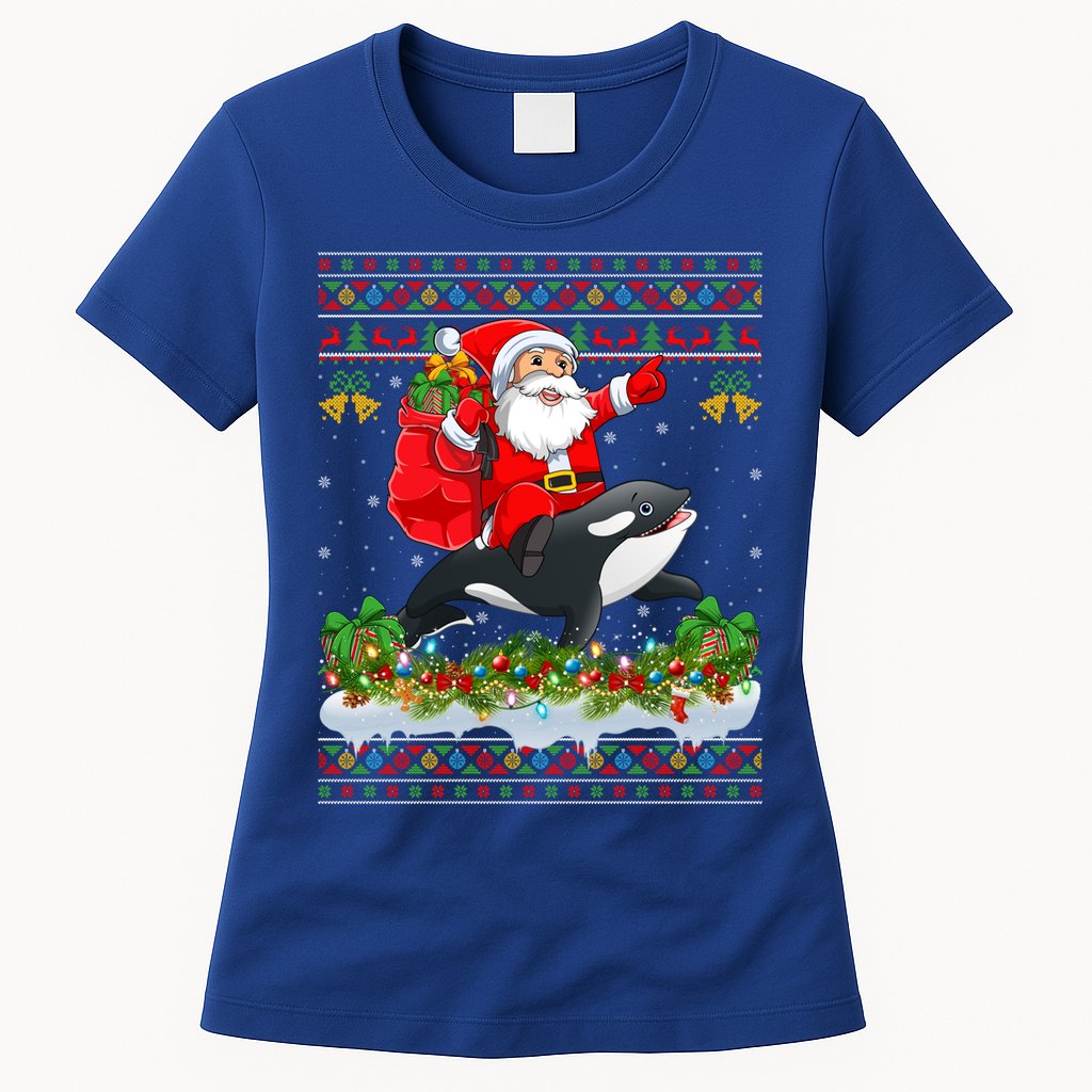 Orca Fish Xmas Pajama Ugly Santa Riding Orca Christmas Gift Womens T-Shirt