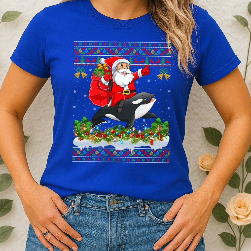 Orca Fish Xmas Pajama Ugly Santa Riding Orca Christmas Gift Womens T-Shirt