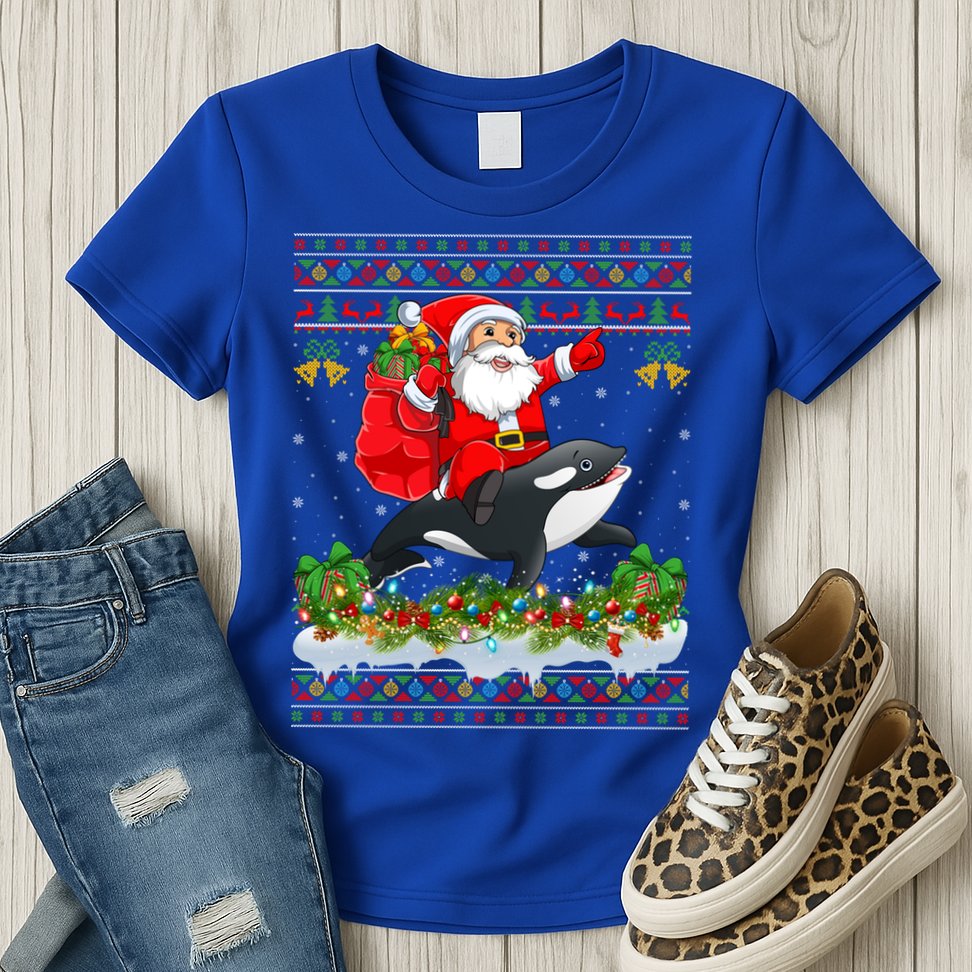 Orca Fish Xmas Pajama Ugly Santa Riding Orca Christmas Gift Womens T-Shirt