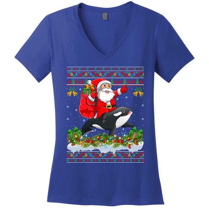 Orca Fish Xmas Pajama Ugly Santa Riding Orca Christmas Gift Women's V-Neck T-Shirt