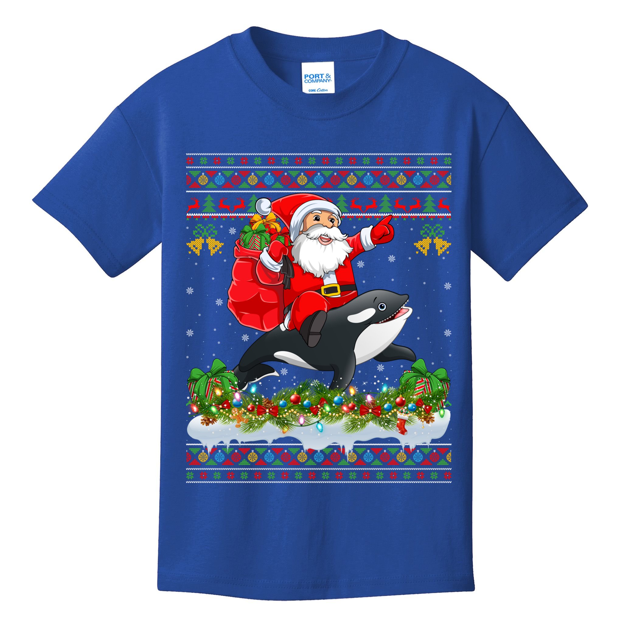 Orca Fish Xmas Pajama Ugly Santa Riding Orca Christmas Gift Kids T-Shirt