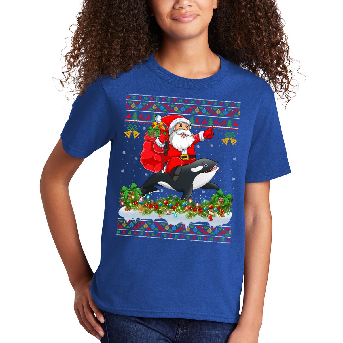 Orca Fish Xmas Pajama Ugly Santa Riding Orca Christmas Gift Kids T-Shirt