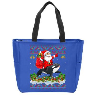 Orca Fish Xmas Pajama Ugly Santa Riding Orca Christmas Gift Zip Tote Bag