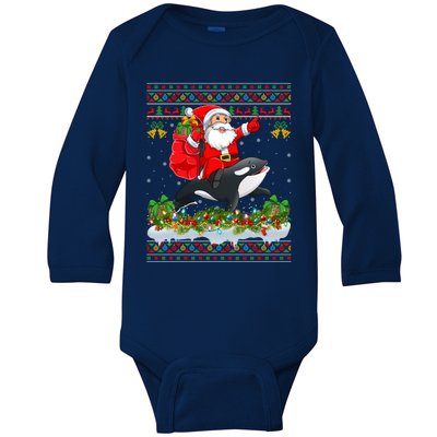 Orca Fish Xmas Pajama Ugly Santa Riding Orca Christmas Gift Baby Long Sleeve Bodysuit