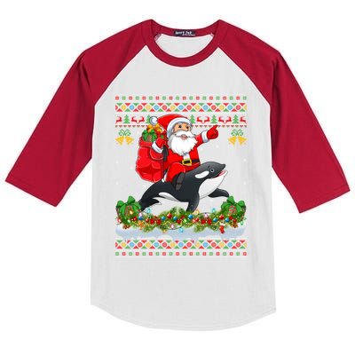 Orca Fish Xmas Pajama Ugly Santa Riding Orca Christmas Gift Kids Colorblock Raglan Jersey