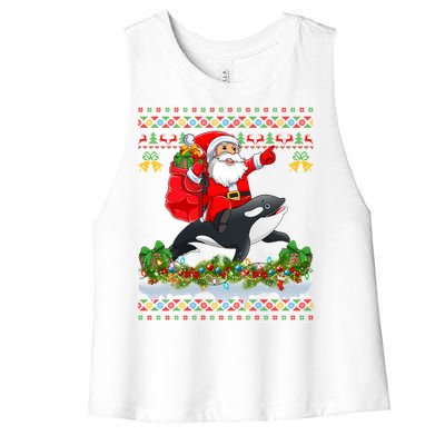 Orca Fish Xmas Pajama Ugly Santa Riding Orca Christmas Gift Women's Racerback Cropped Tank