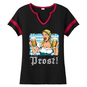 Oktoberfest Beer German Girl Bavarian Flag Drinking Prost Ladies Halftime Notch Neck Tee