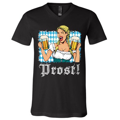 Oktoberfest Beer German Girl Bavarian Flag Drinking Prost V-Neck T-Shirt