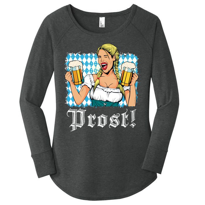 Oktoberfest Beer German Girl Bavarian Flag Drinking Prost Women's Perfect Tri Tunic Long Sleeve Shirt