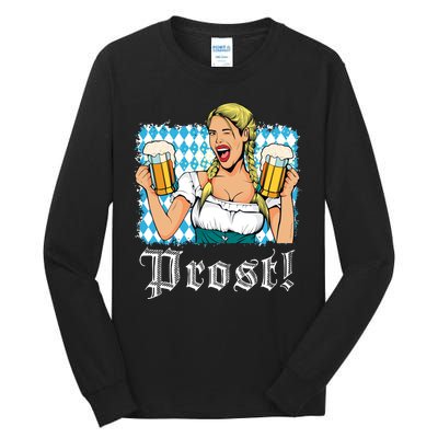 Oktoberfest Beer German Girl Bavarian Flag Drinking Prost Tall Long Sleeve T-Shirt