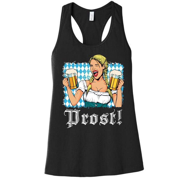 Oktoberfest Beer German Girl Bavarian Flag Drinking Prost Women's Racerback Tank