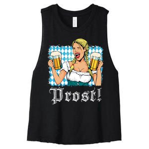 Oktoberfest Beer German Girl Bavarian Flag Drinking Prost Women's Racerback Cropped Tank