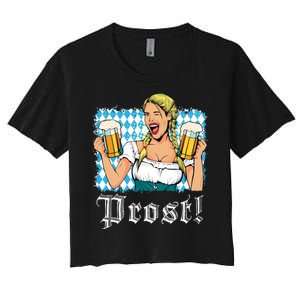 Oktoberfest Beer German Girl Bavarian Flag Drinking Prost Women's Crop Top Tee