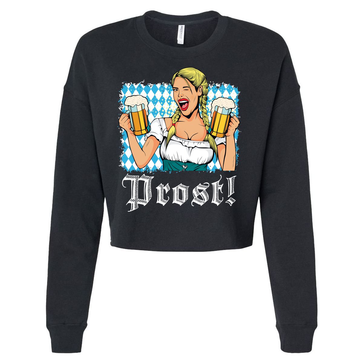 Oktoberfest Beer German Girl Bavarian Flag Drinking Prost Cropped Pullover Crew